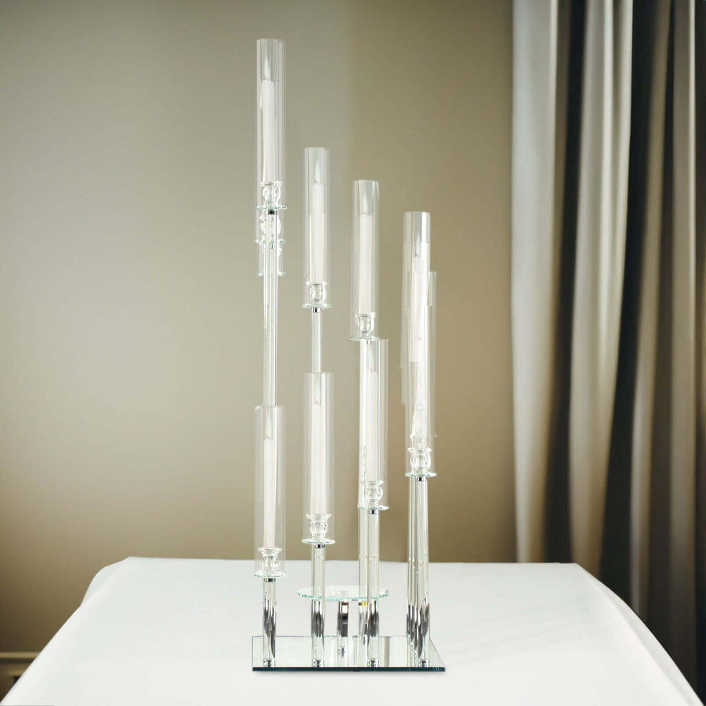 12-Arm Crystal Glass Cluster Candelabra Pedestal Stand 4.5ft - Square Hurricane Taper Candle Holder Table Centerpiece