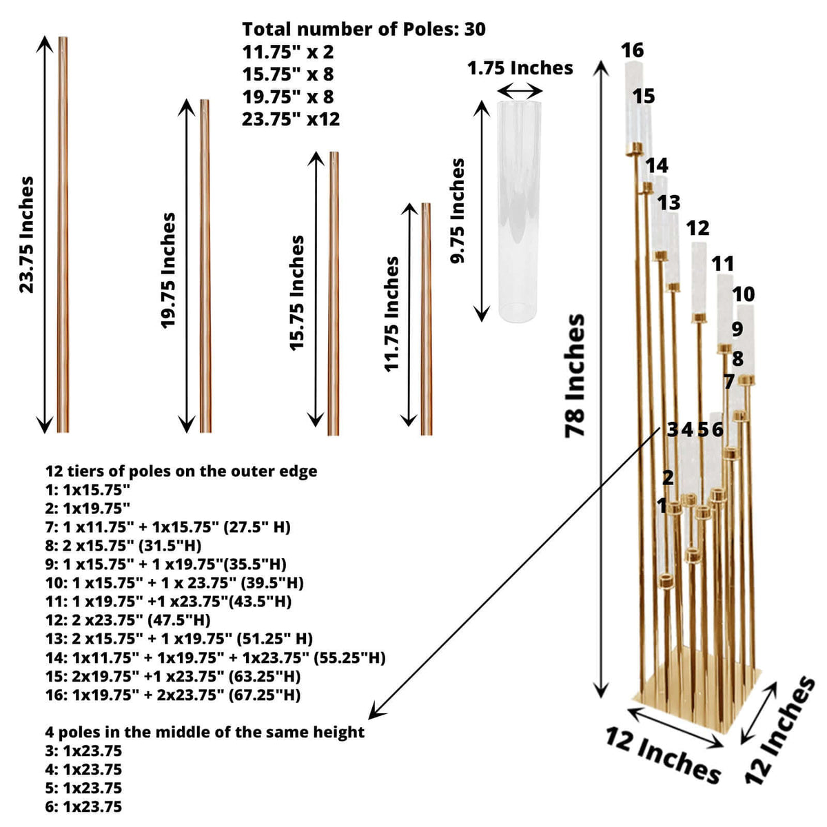 16-Arm Gold Cluster Taper Candle Holder with Clear Glass Shades 78" - Majestic Large Candle Arrangement for Ceremonies
